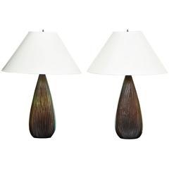 Antique Pair of Green Glass Ribbed Vase Shaped Lamps, Tapered Bodies 
Oggeti
