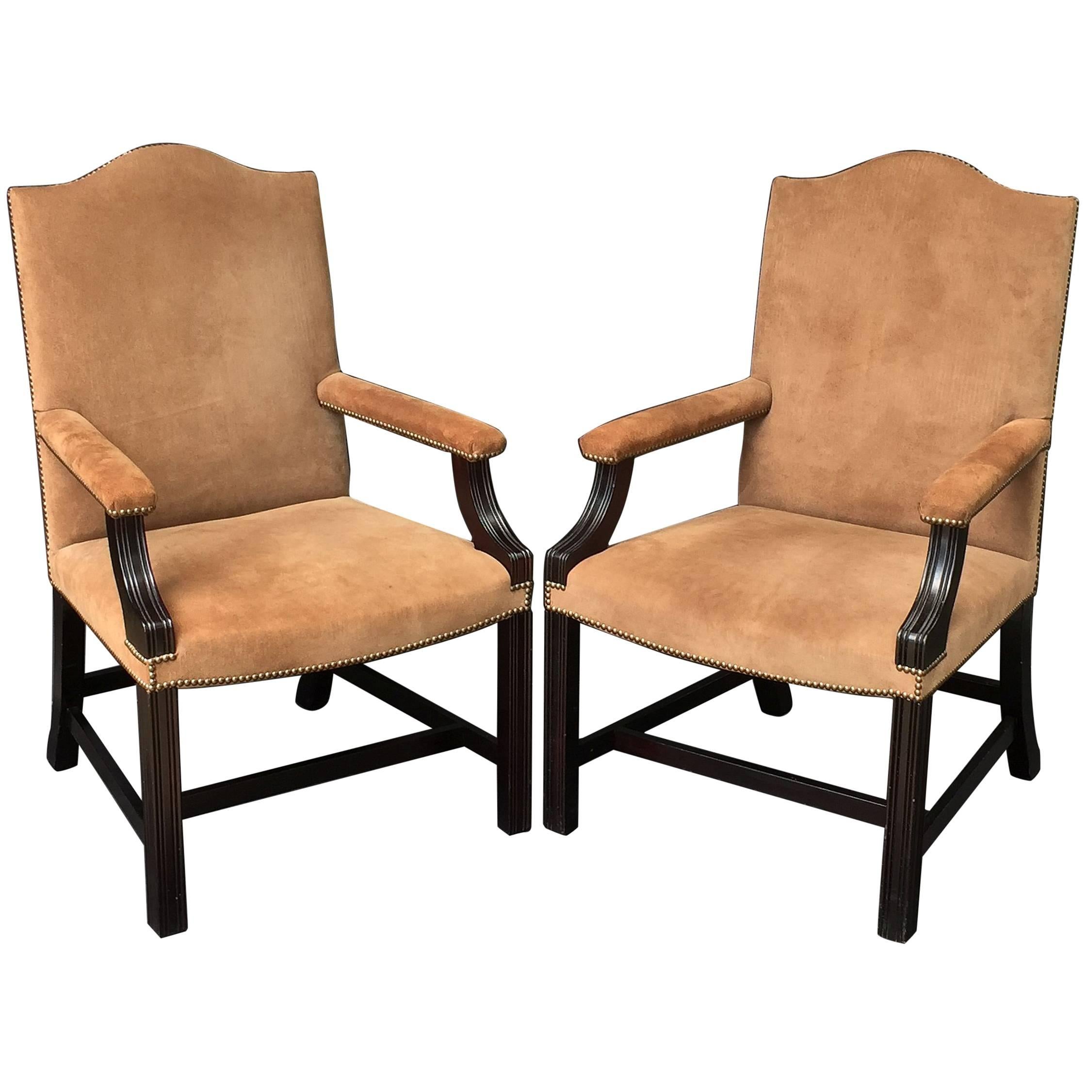 English Library Armchairs with Suede Leather Covers by George Smith