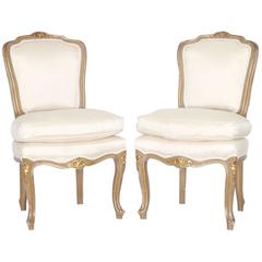 Louis XV Style Petite Gilded Vanity Chairs in Off-White Silk on Giltwood Frames