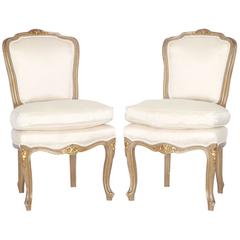 Louis XV Style Petite Gilded Vanity Chairs in Off-White Silk on Giltwood Frames