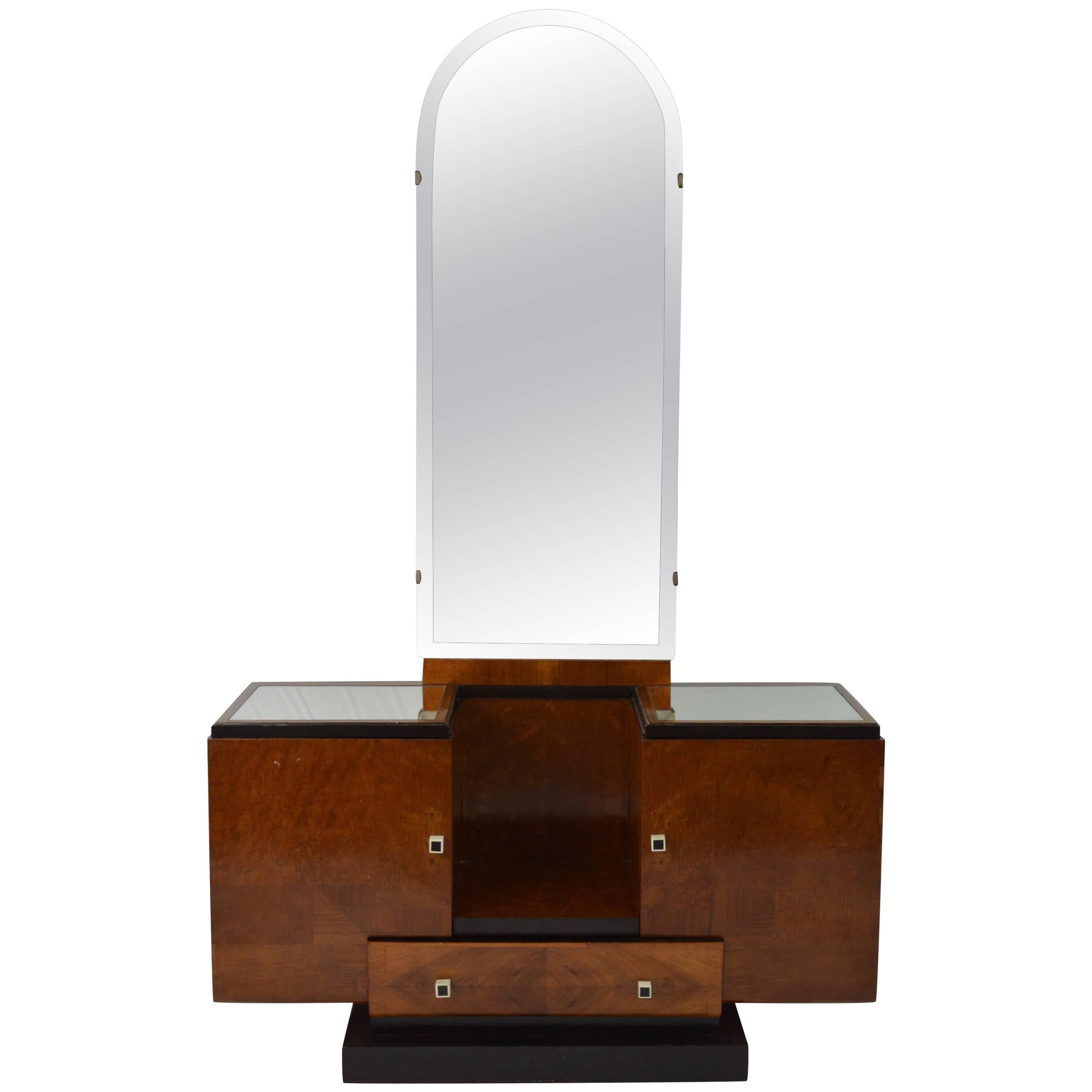 Art Deco Wood and Black details Vanity Table Mirror and Stool, France 1930s 