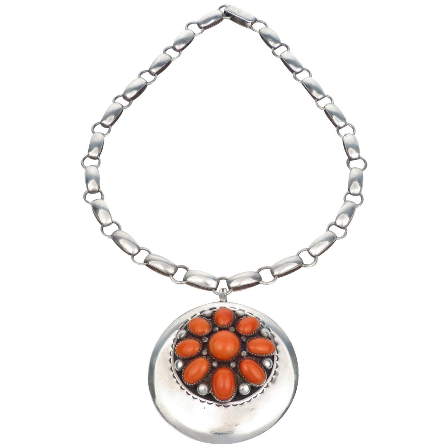 Sterling Silver and Coral Pendant Necklace by Frank Patania Sr., circa 1970 For Sale