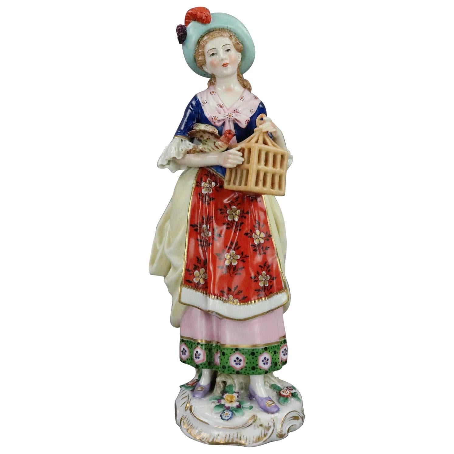 Antique English Chelsea Porcelain & Gilt Figurine of Woman with Bird, circa 1820
