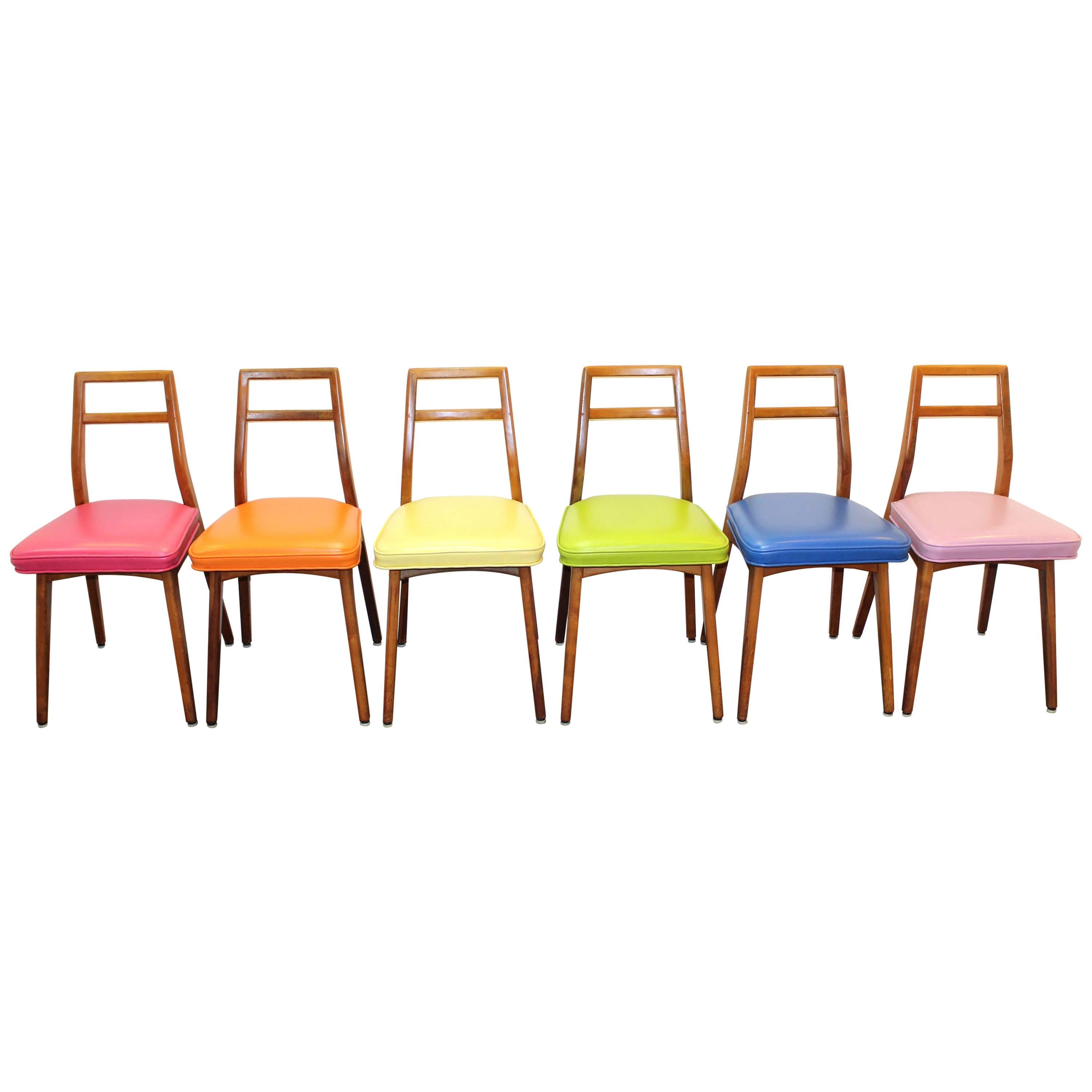 Set of Six Mid-Century Modern Dining Chairs with Colorful Upholstery