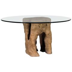 Live Edge Natural Teak Tree Trunk Table with Round Glass Top, Indonesia