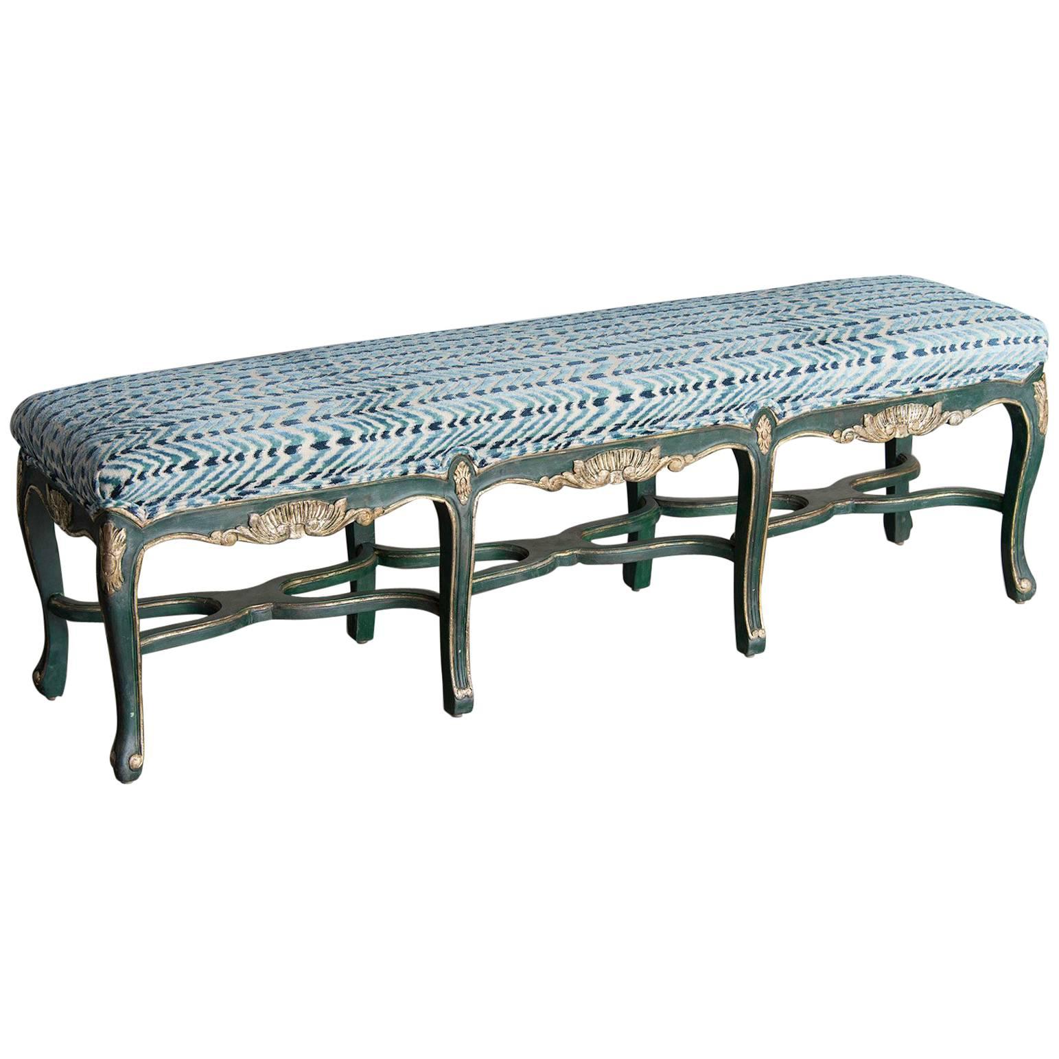Regence Style Painted Bench, Eight Cabriole Legs with Stretchers