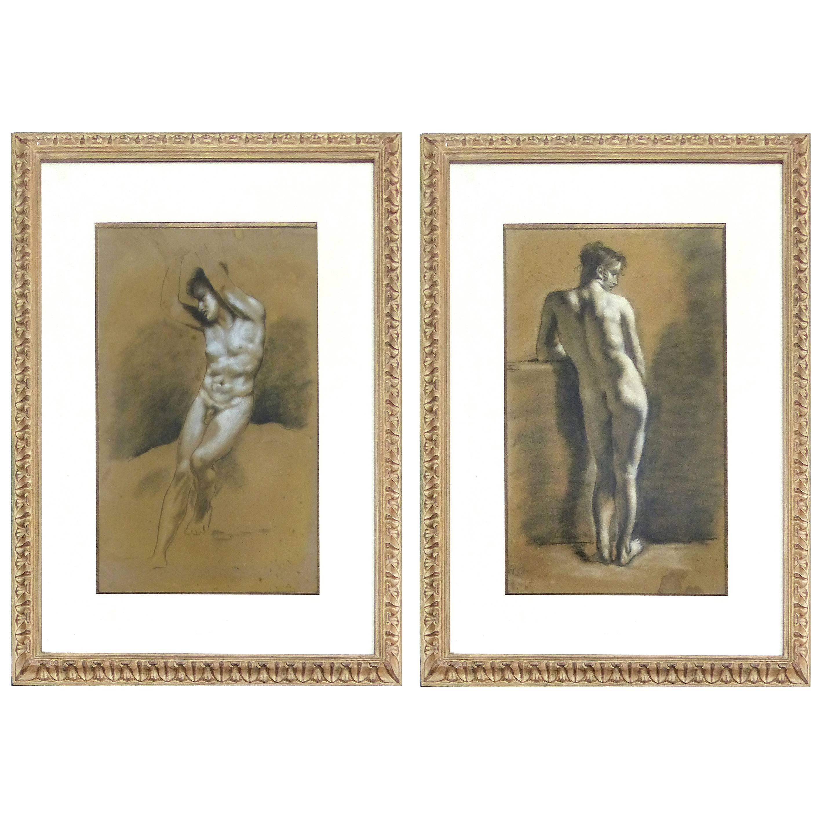 Pair of Drawings of Male Nude Figures attributed to Francois Boucher, circa 1750