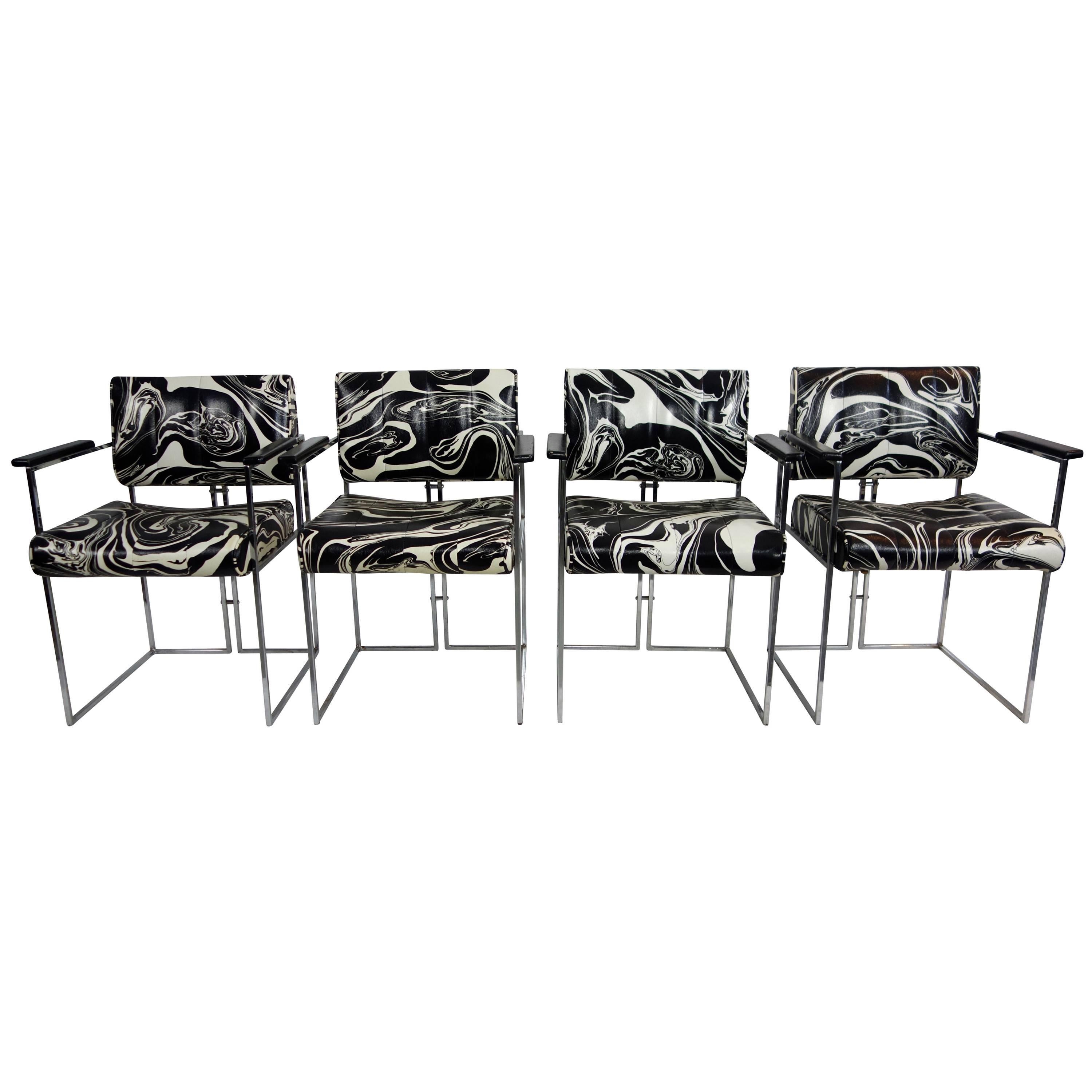 Set of Four Vintage Black and White Marbled Vinyl Chairs by Samton For Sale