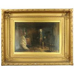Antique Genre Oil on Canvas, Colonial Courting Scene, Deep Gilt Frame circa 1880