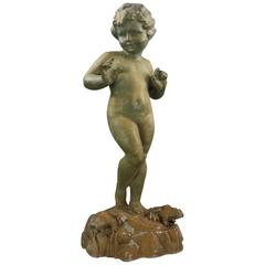 Antique French Cast Metal Garden Sculpture of Young Child and Frogs, circa 1880