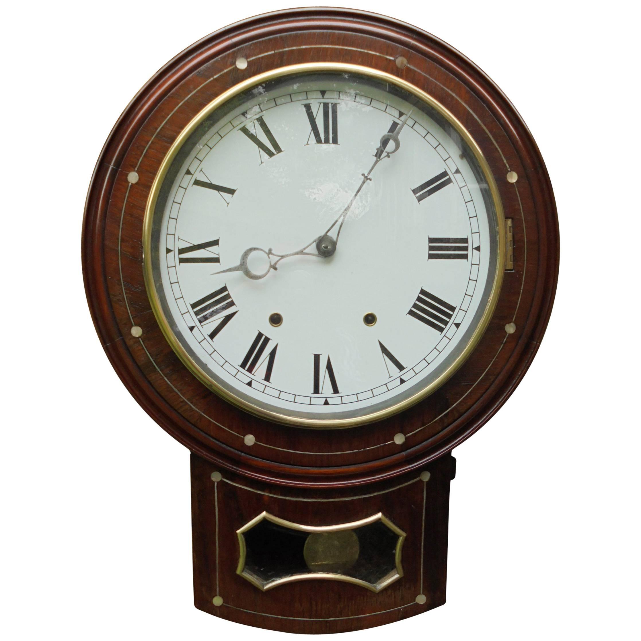 Antique Inlaid Rosewood Drop Dial Wall Clock For Sale