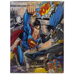 Vintage Large Jozza Mixed-Media Britto Style Superman Batman Painting