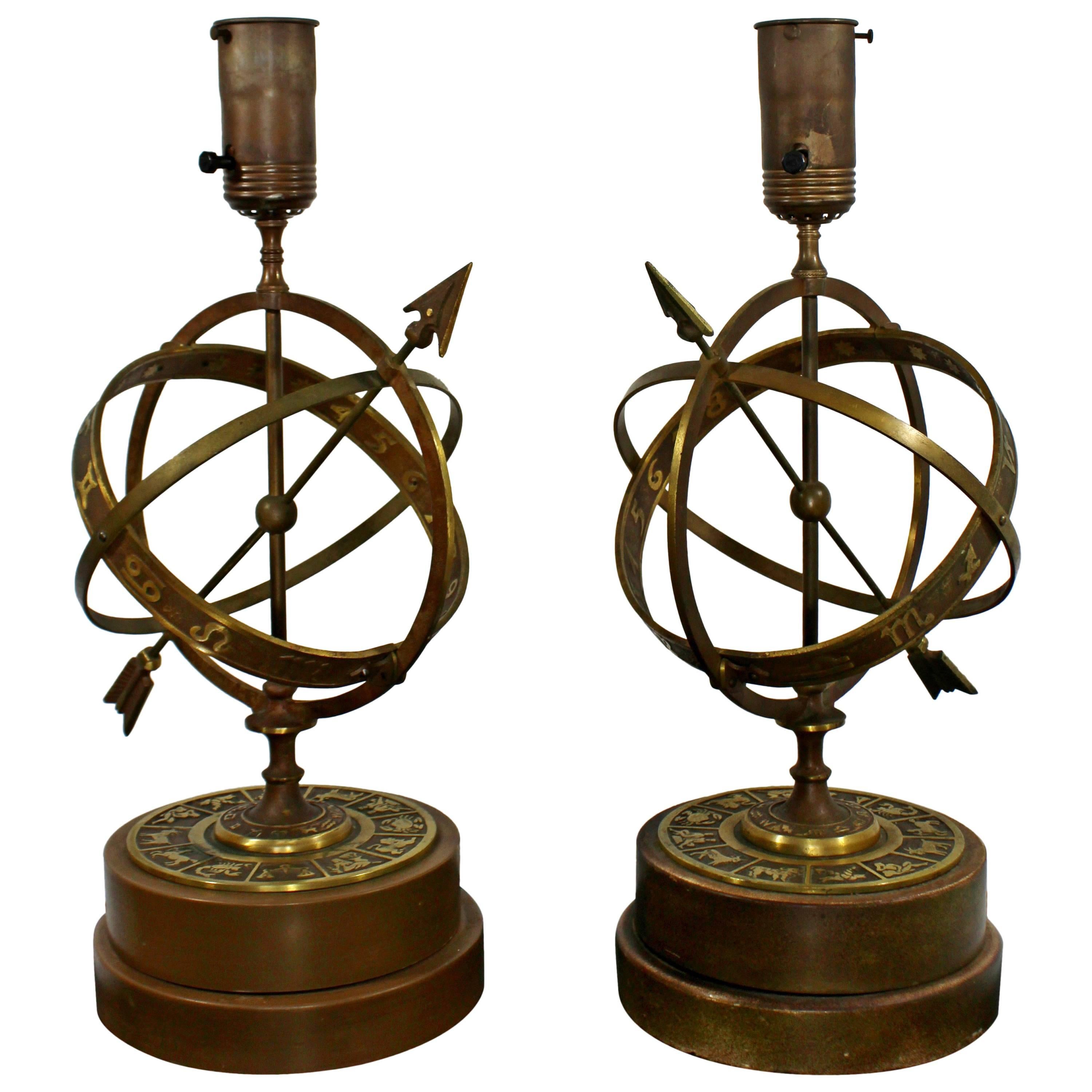 Mid-Century Modern Pair of Frederick Cooper Astrological Armillary Table Lamps