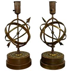 Retro Mid-Century Modern Pair of Frederick Cooper Astrological Armillary Table Lamps