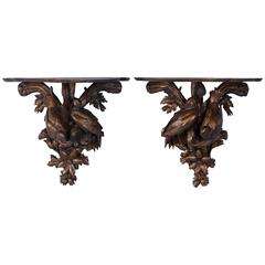Pair of Antique 19th Century Carved German Black Forest Wall Shelves