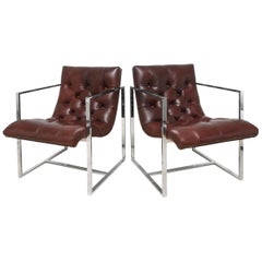 Pair of Milo Baughman Leather Tufted Cube Scoop Chrome Side Chairs 3