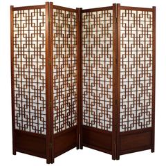 Mid-Century Modern Mahogany Geometric Folding Four-Panel Standing Screen, 1960s