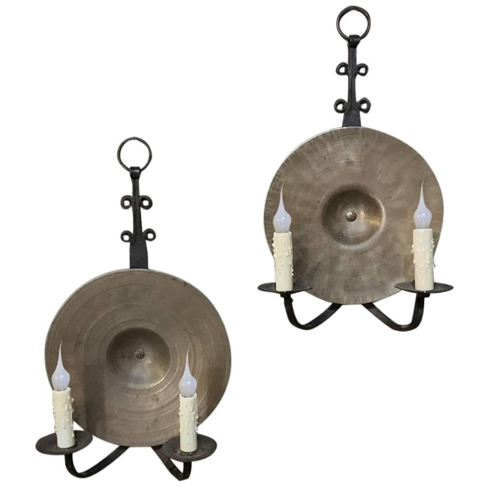 Pair of 19th Century Spanish Hand-Forged Wrought Iron and Bronze Wall Sconces