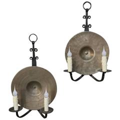 Antique Pair of 19th Century Spanish Hand-Forged Wrought Iron and Bronze Wall Sconces