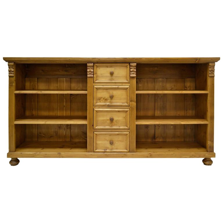 Long Pine Bookcase with Four Drawers at 1stDibs