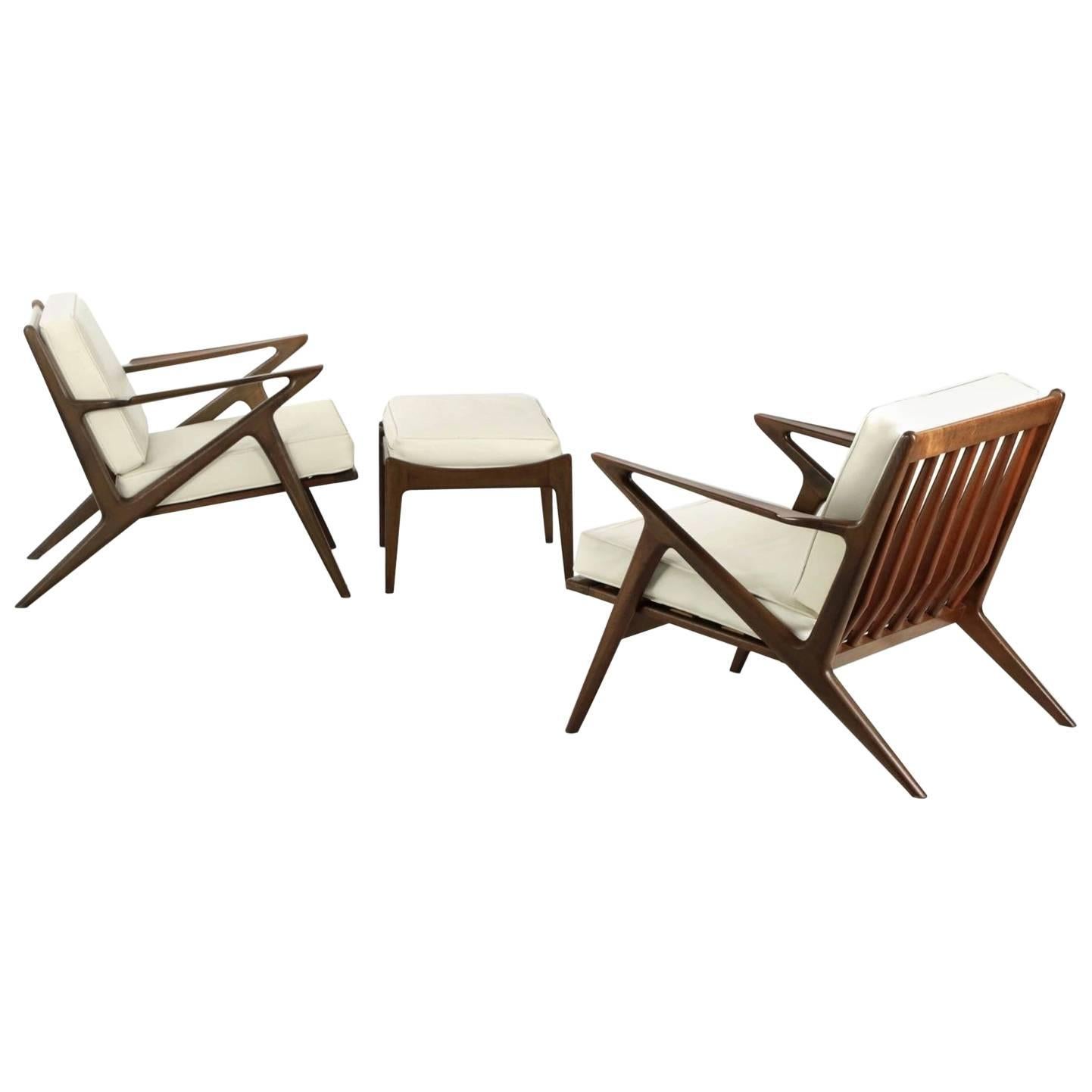 Pair of Sculpted Teak Poul Jensen for Selig "Z" Lounge Chairs with Ottoman