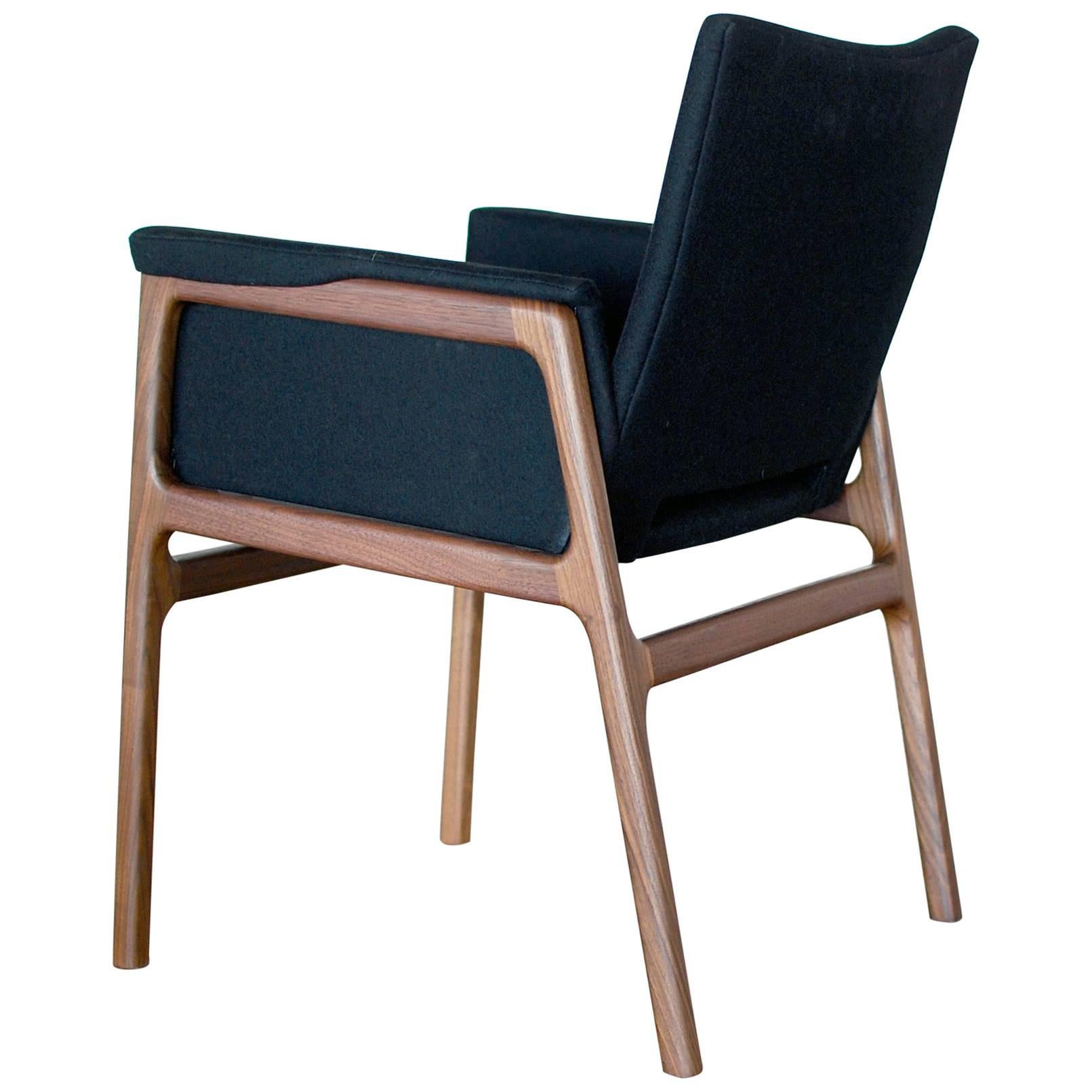 C08 Dining Chair with Solid Walnut Frame and Black Wool Upholstery For Sale