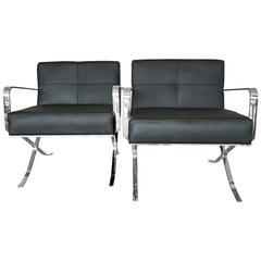 Pair of Contemporary Lounge Chairs Stitched Leather or Chrome