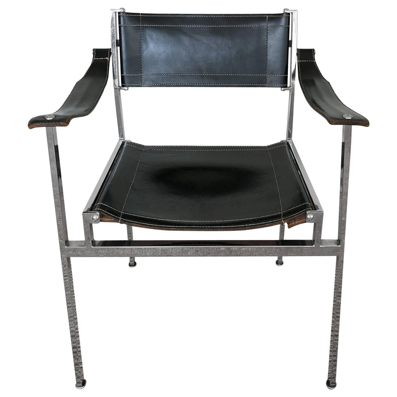 Modernist Chrome/Leather Sling Chair For Sale