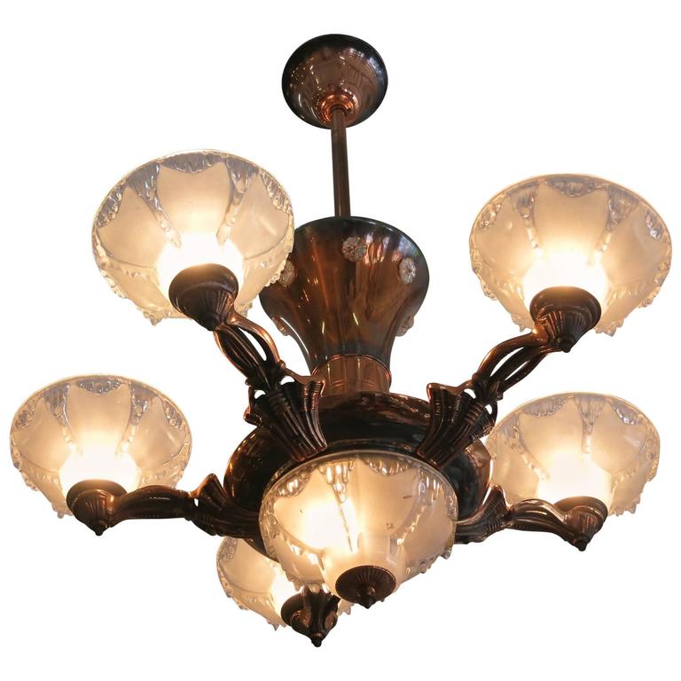 Copper Art Deco Style Chandelier with Frosted Glass Shades For Sale at