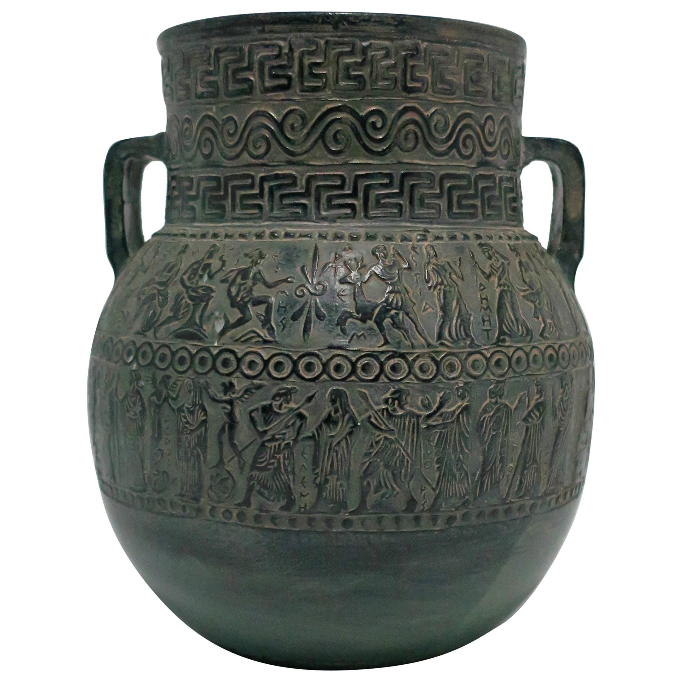 Handmade Vintage Dark Green Pottery Vase with Figural Relief Design, Greece