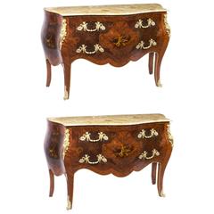 Vintage Pair of French Louis XV Marquetry Bombe Commodes