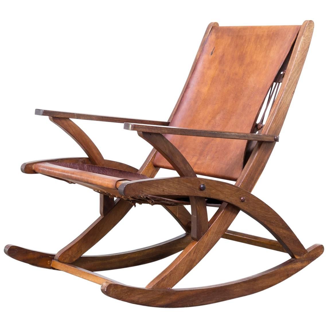 Mid-Century Oak and Saddle Leather Rocking Chair For Sale