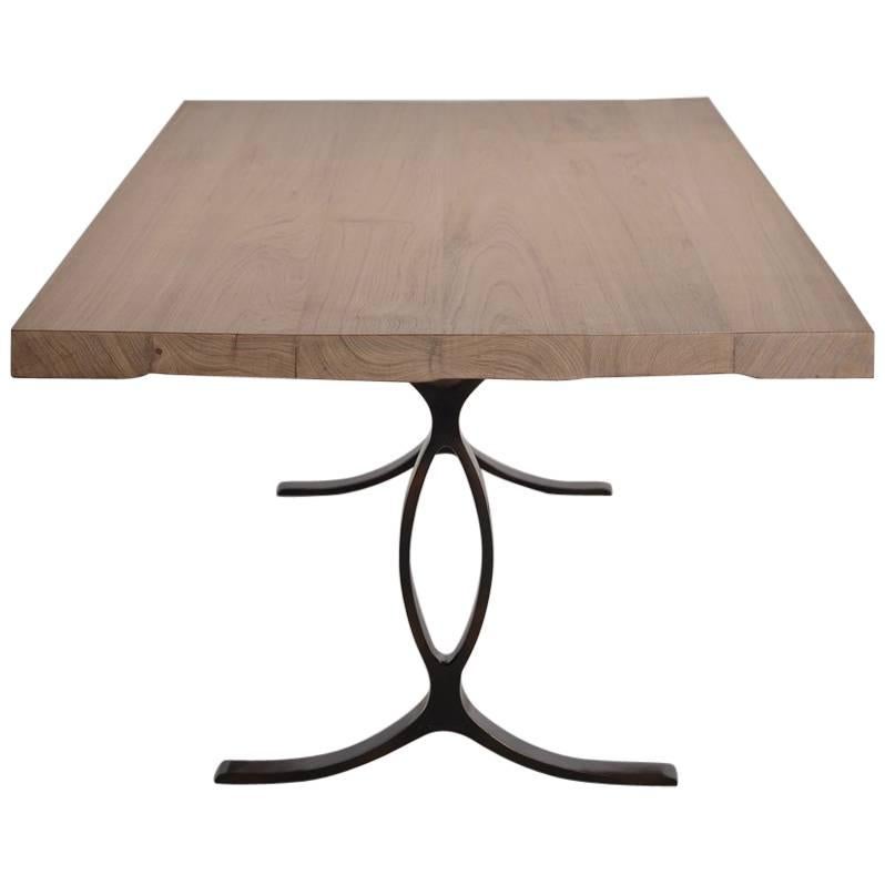 Eight-Seat Dining Table, Bleached Reclaimed Wood on Brass Base, by P. Tendercool For Sale