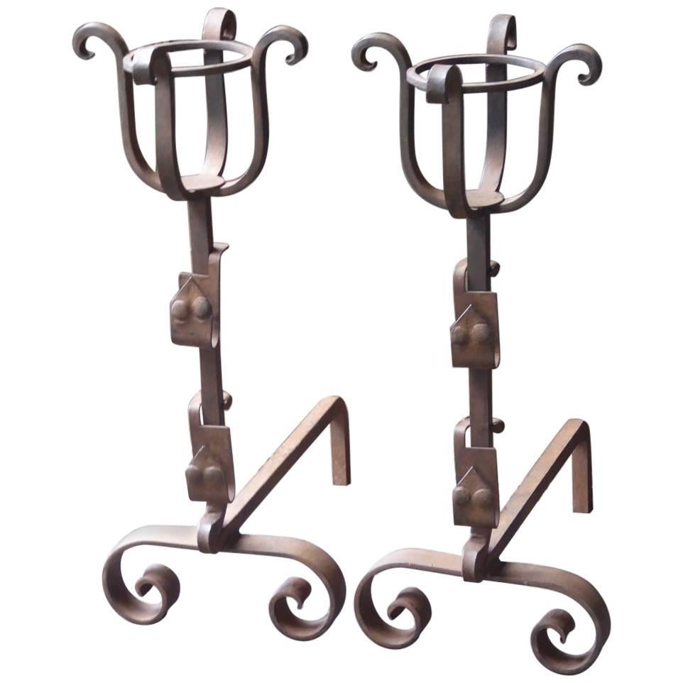 French Wrought Iron Cup Dogs or Andirons For Sale