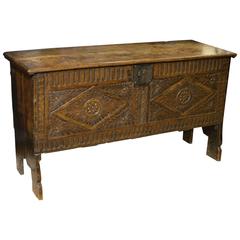 17th Century Oak Carved Six Plank Coffer