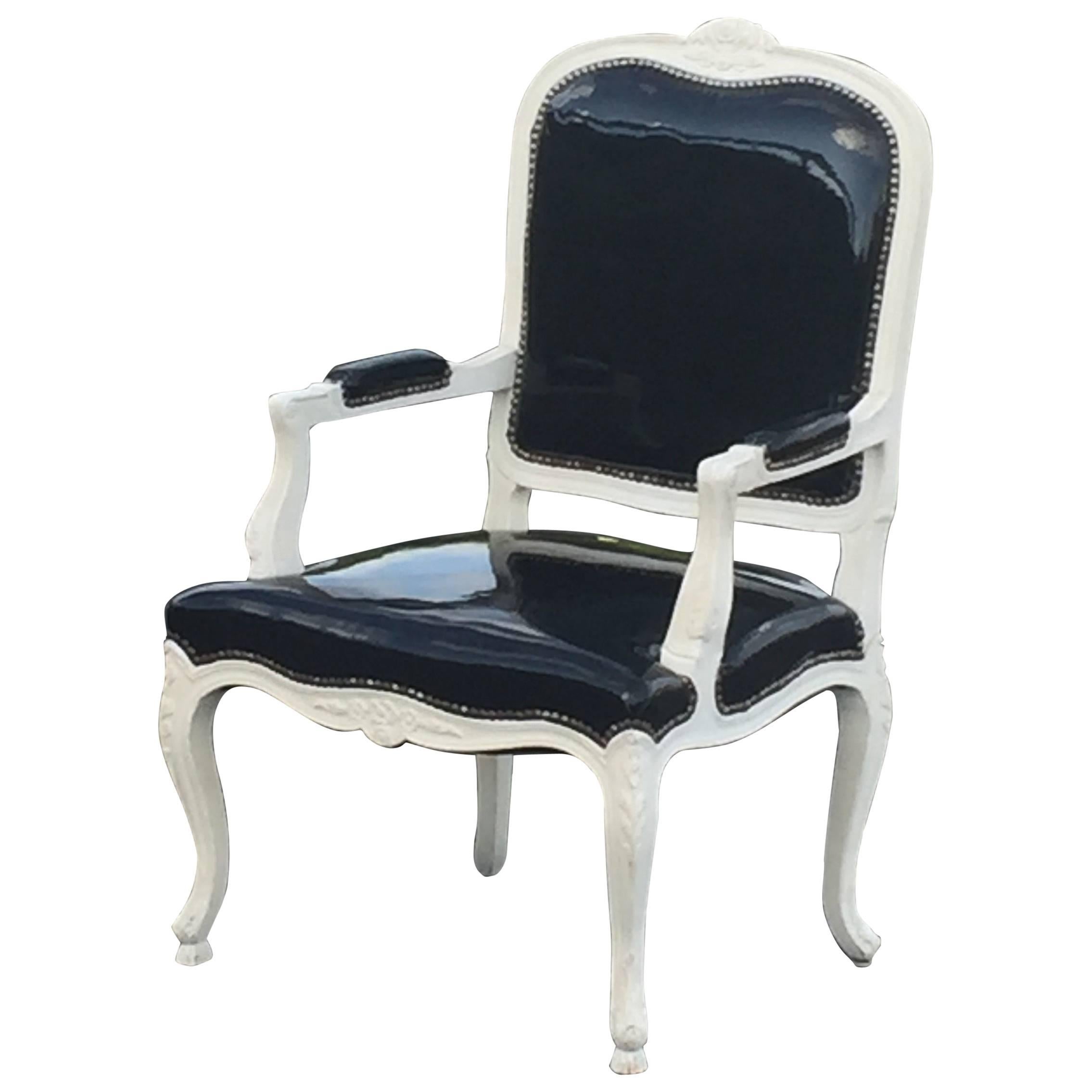 Sassy French Style Arm Chair with Painted Wood Frame and Black Patent Leather
