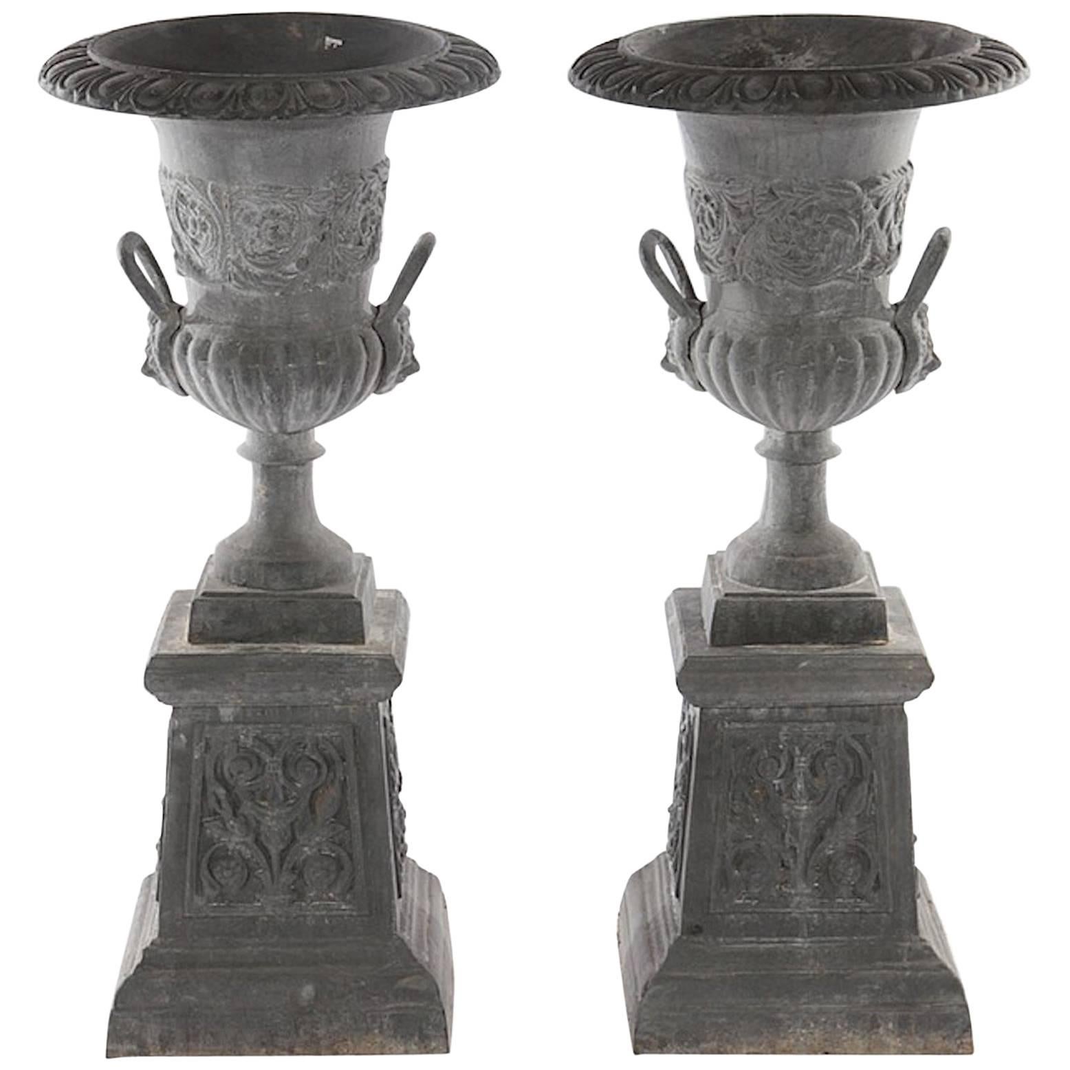 Pair of Neoclassical Style Cast Iron Garden Urn