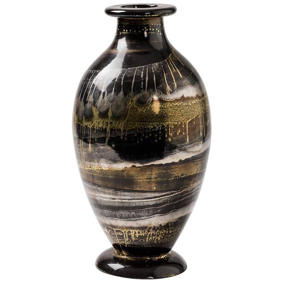 Ceramic Vase with Black, Gold and Silver Glazes by Lucien Brisdoux, 1970