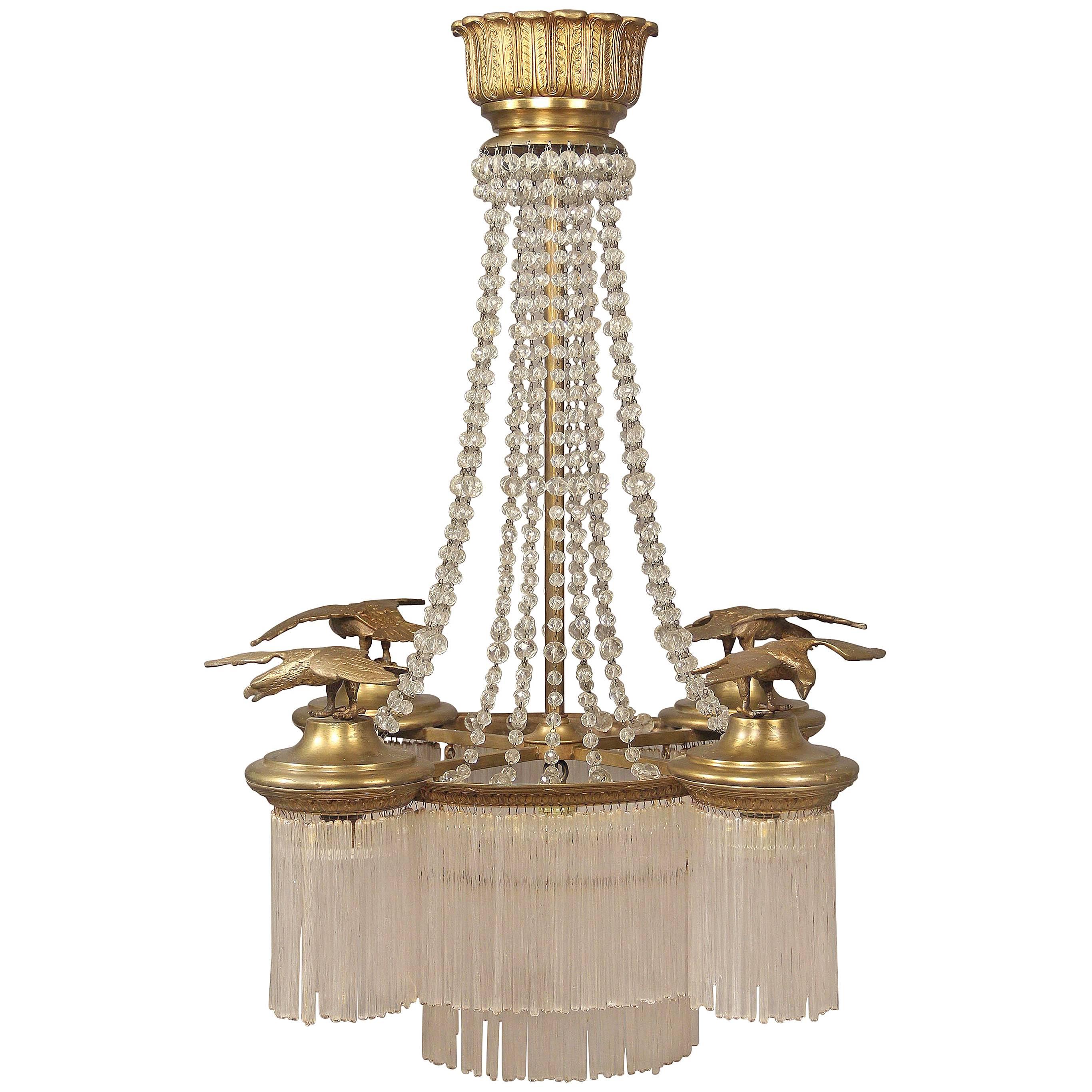 Interesting Late 19th Century Gilt Bronze and Crystal Five-Light Chandelier