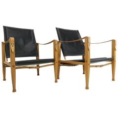 Pair of Black Leather "Safari" Armchairs by Kaare Klint