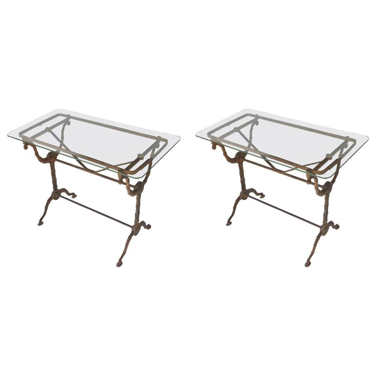 Pair of English Pub or Bistro Tables of Cast Iron with Glass Tops For
