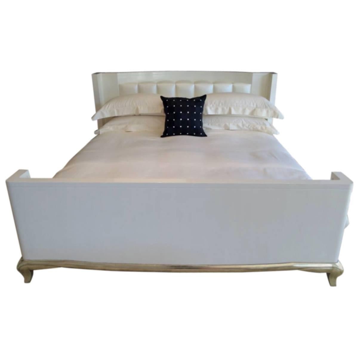 Hollywood Regency Style Bed with White Gold Leaf Base For Sale