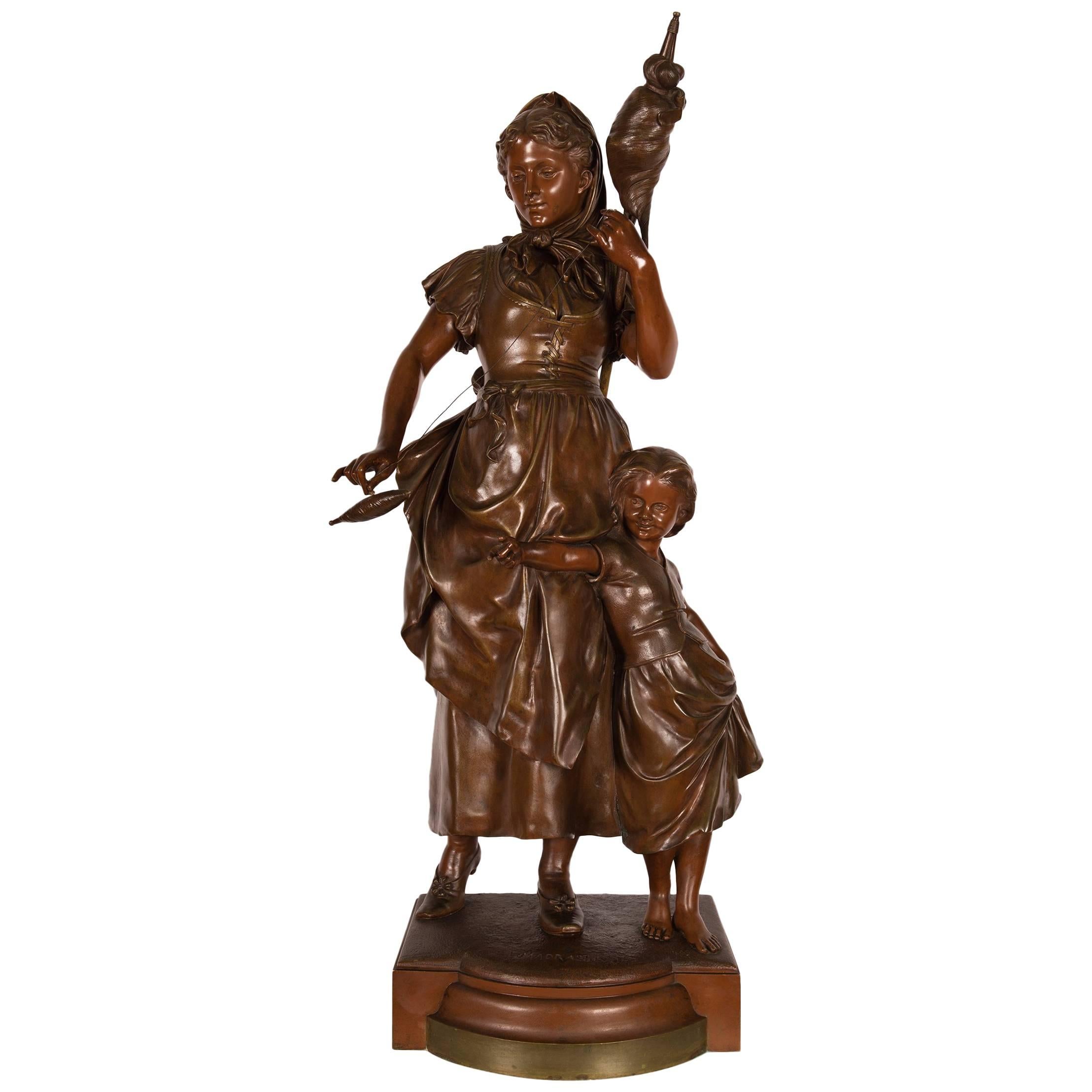 Sculpture in Bronze Signed L. Madrassi a Child and His Mother Holding a Distaff For Sale