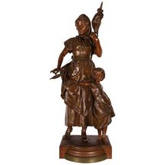 Sculpture in Bronze Signed L. Madrassi a Child and His Mother Holding a Distaff