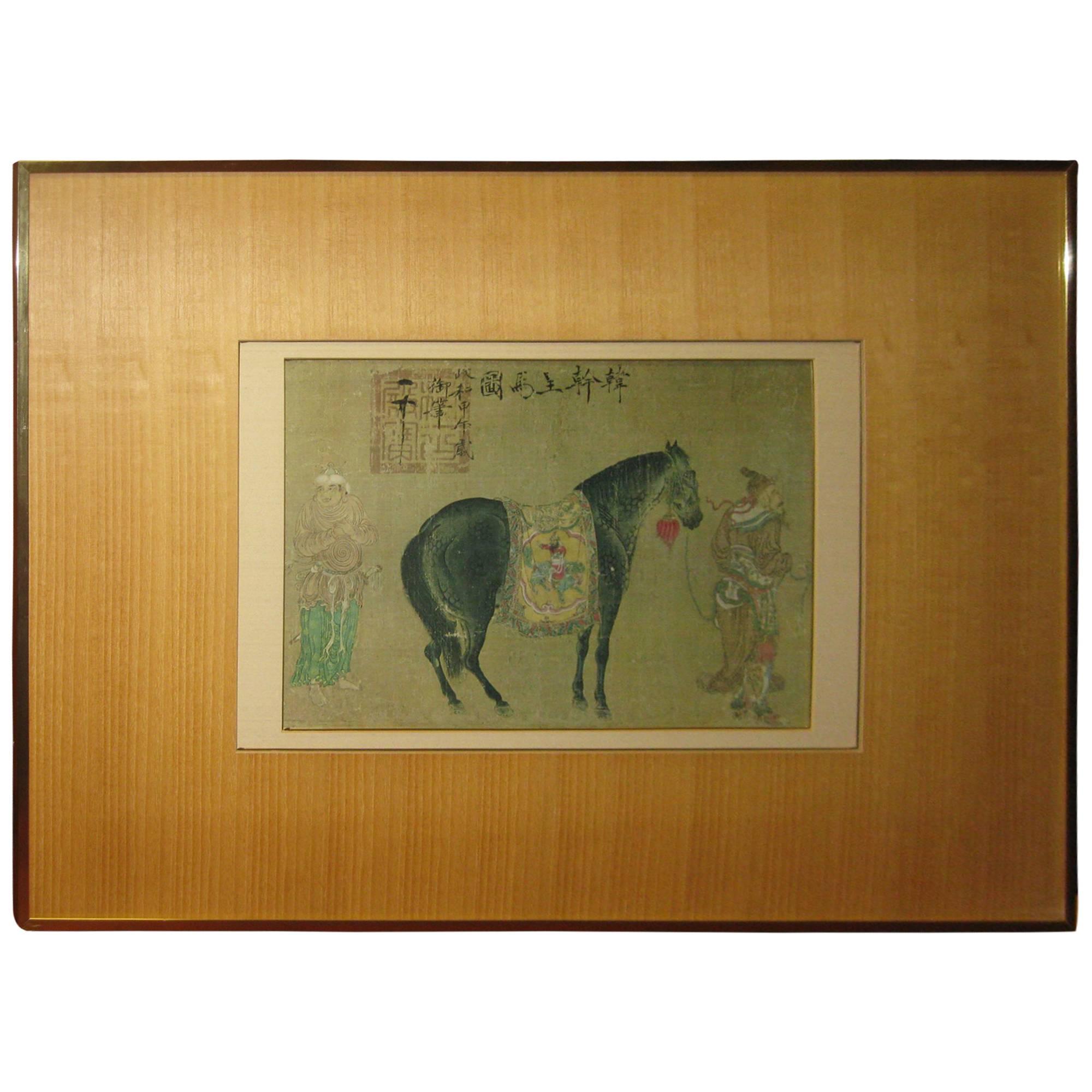 Gravure chinoise encadrée d'une peinture de la Dynasty Tang
