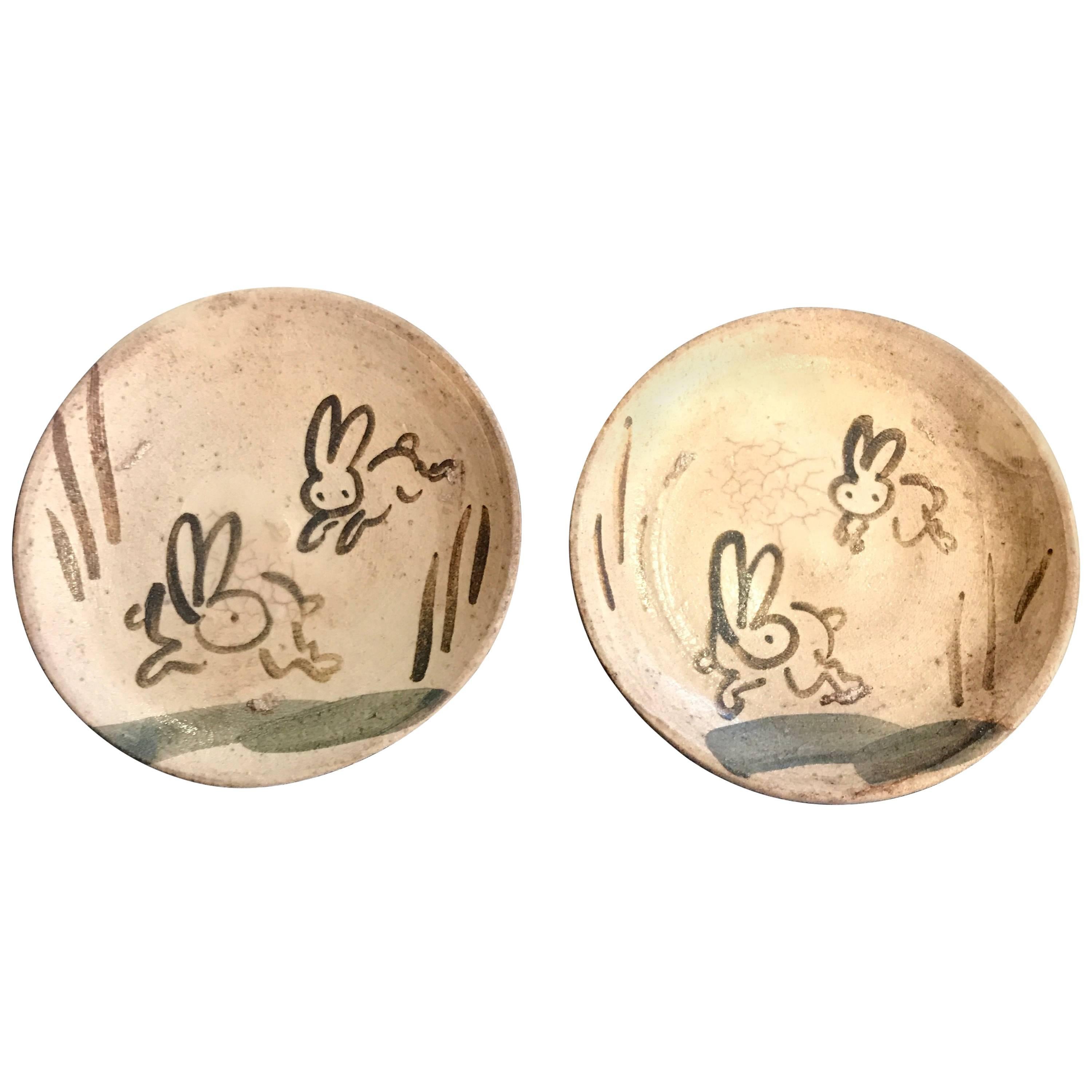 Old Japan Pair of Playful Rabbit Serving Plates Mint Condition