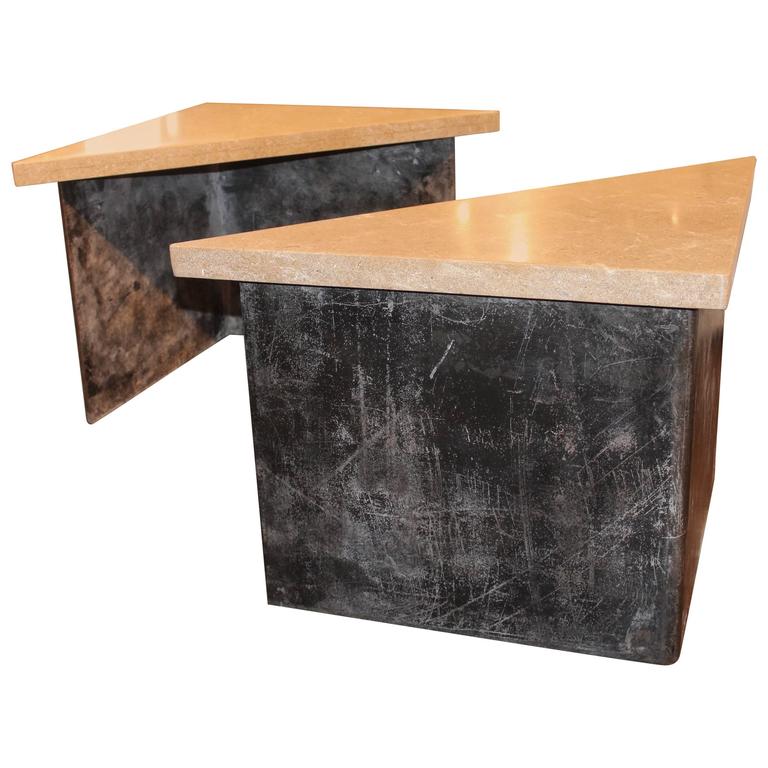 Transitional Style Right Angle Steel End Table with Jura Grey Stone Top