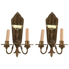 Pair of Two-Arm Bronze Antique Mirrored Back Sconces