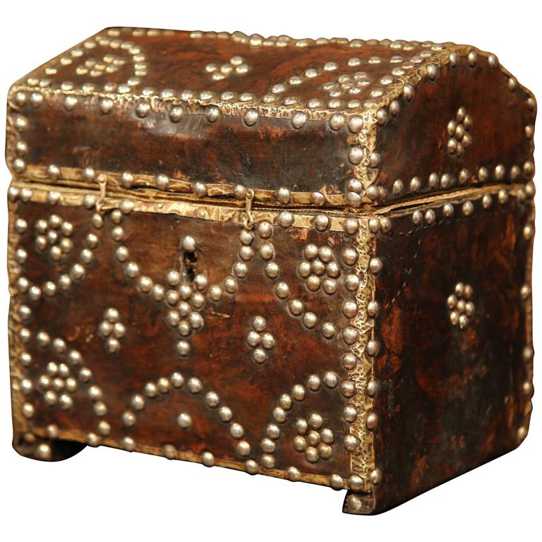 18th Century French Leather Jewelry Box with Decorative Brass Nails at