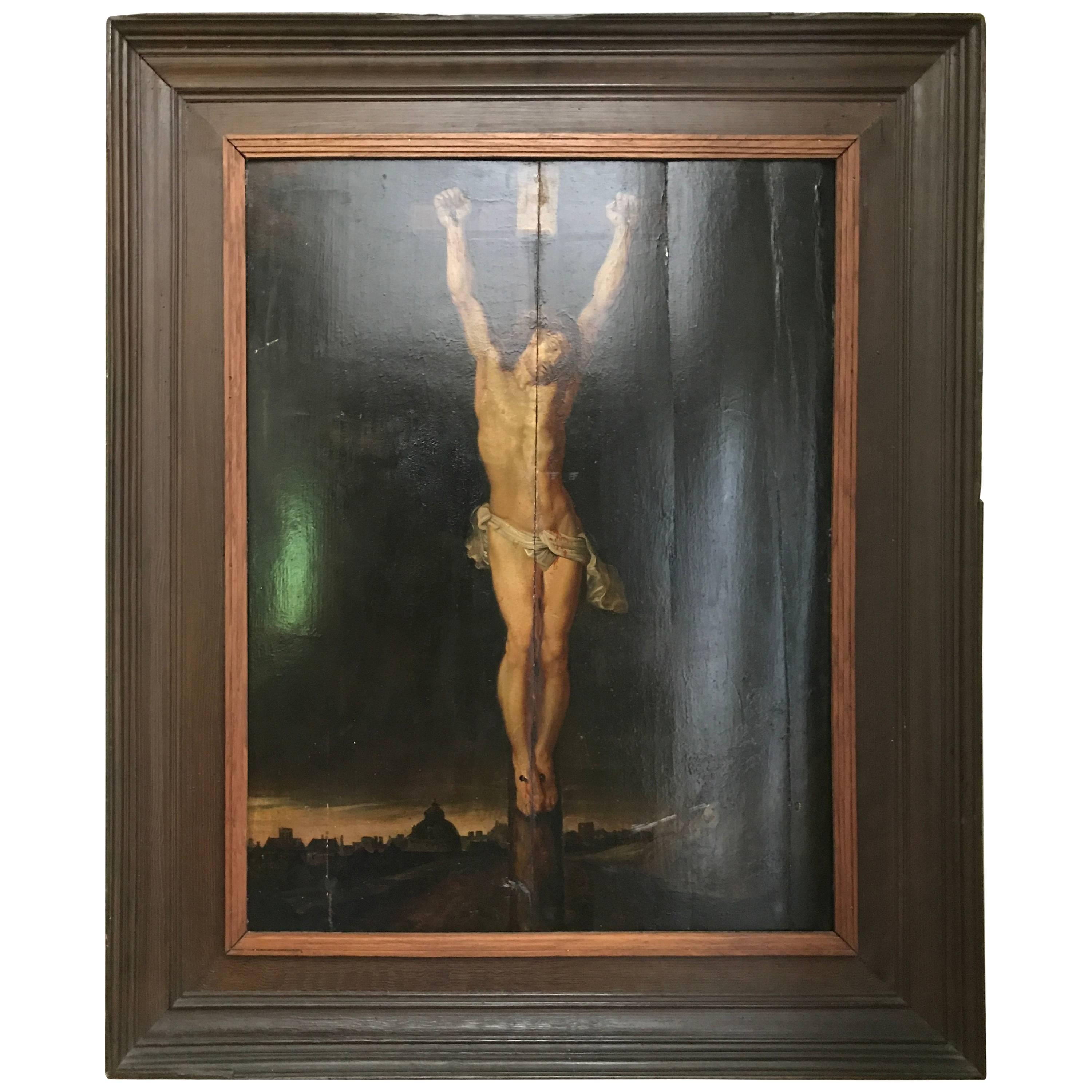 Jesus on the Cross, Crucifixion, 17th Century Oil on Oak Panel!!